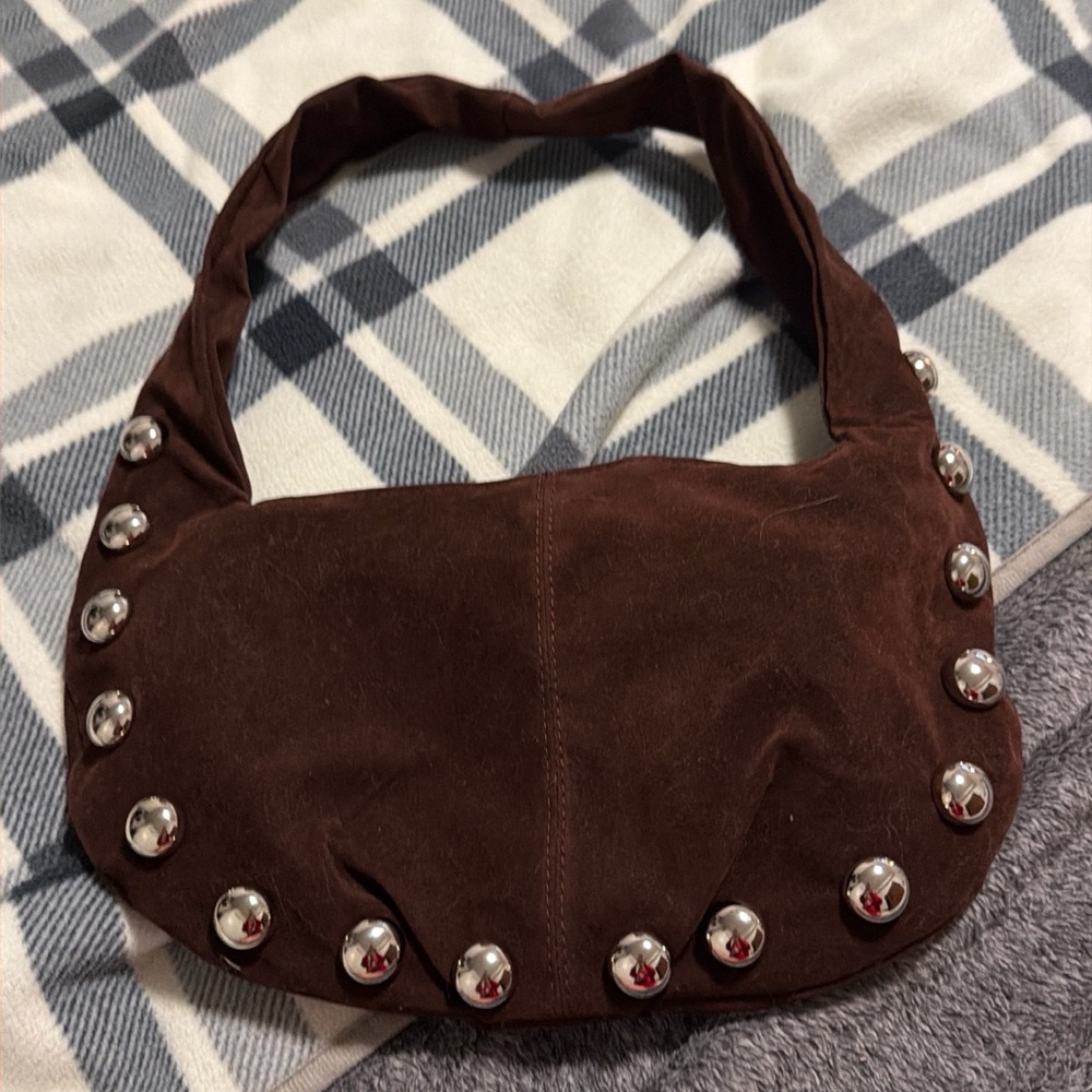 Brown Suede Studded Hobo Shoulder Bag - Picture 5 of 6